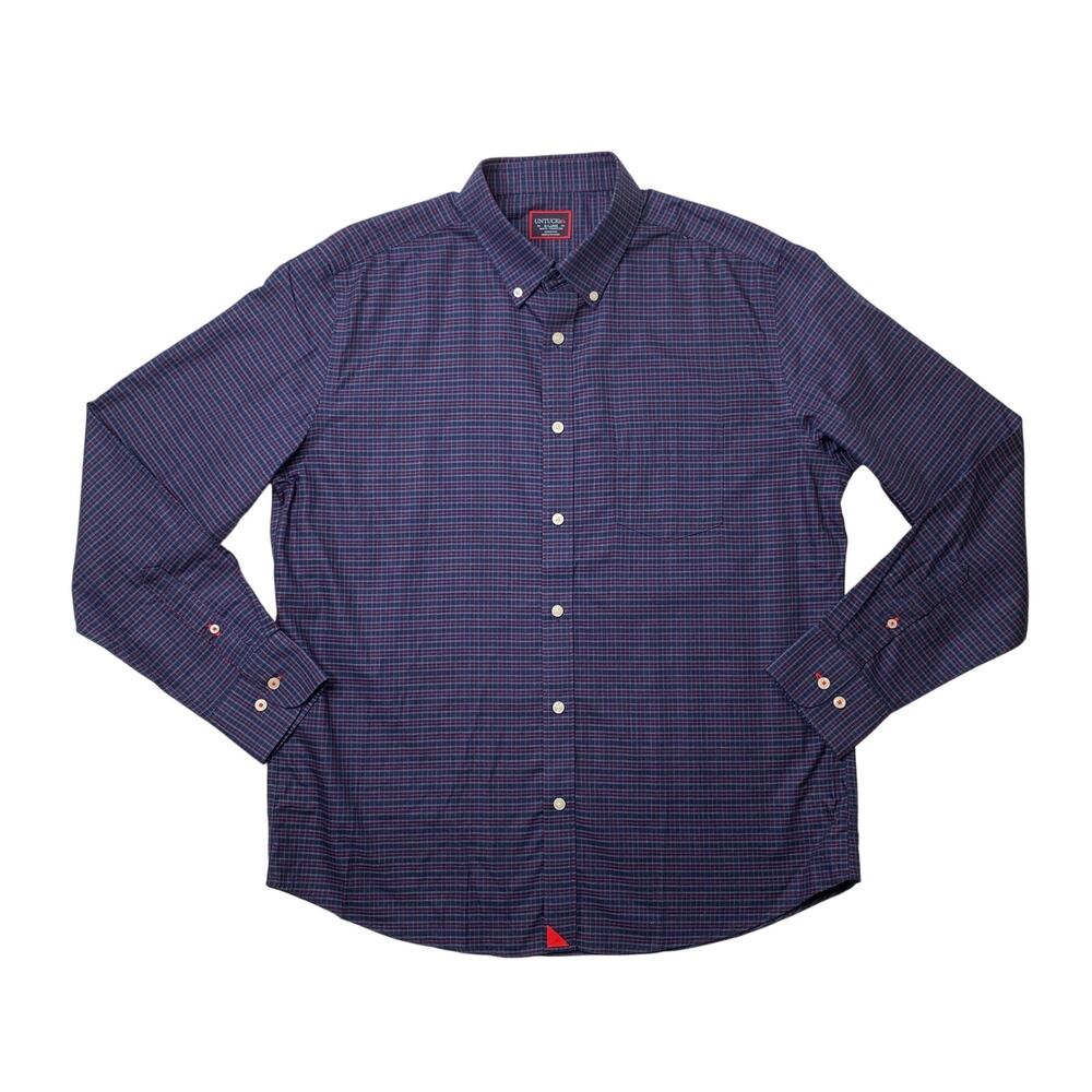 Untuckit Shirt Mens XL Navy Red Salamino Slim Fit Wrinkle Free Plaid Button Down